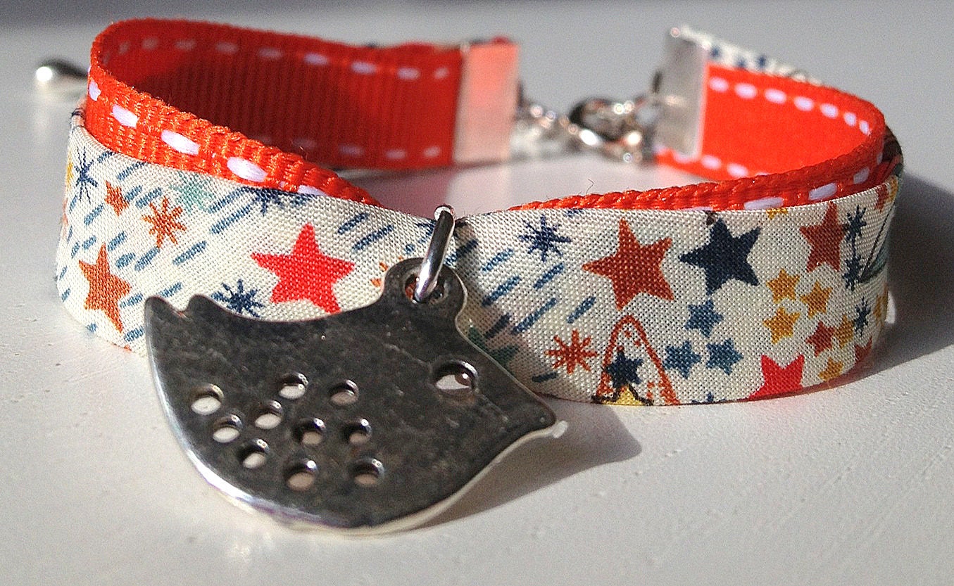 Children Bracelet - Liberty of London Stars Fabric Children Wrap Bracelet with Little Bird Charm