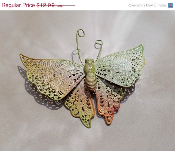Summer Sale Vintage Green Orange butterfly pin brooch