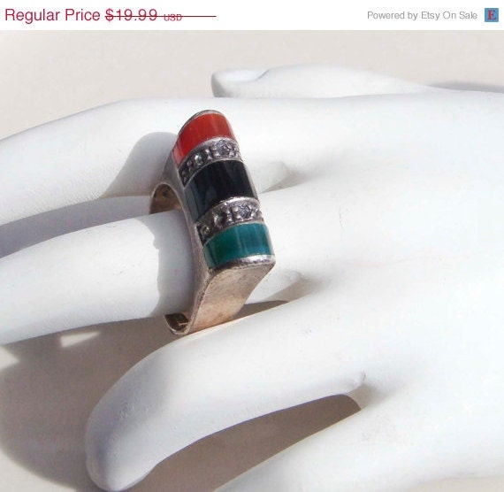 Summer Sale Vintage Sterling Silver 925 Tri colored Ring onyx ruby emerald