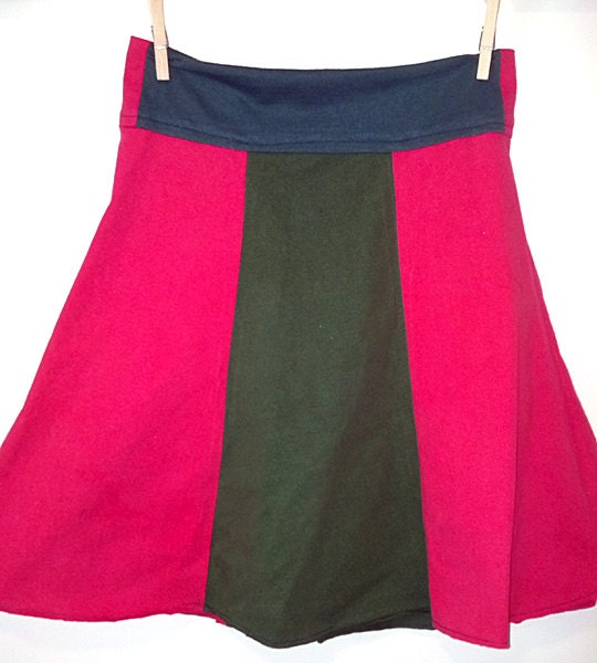 upcycled red and green jersey knit women's panel skirt S/M waist 27.5