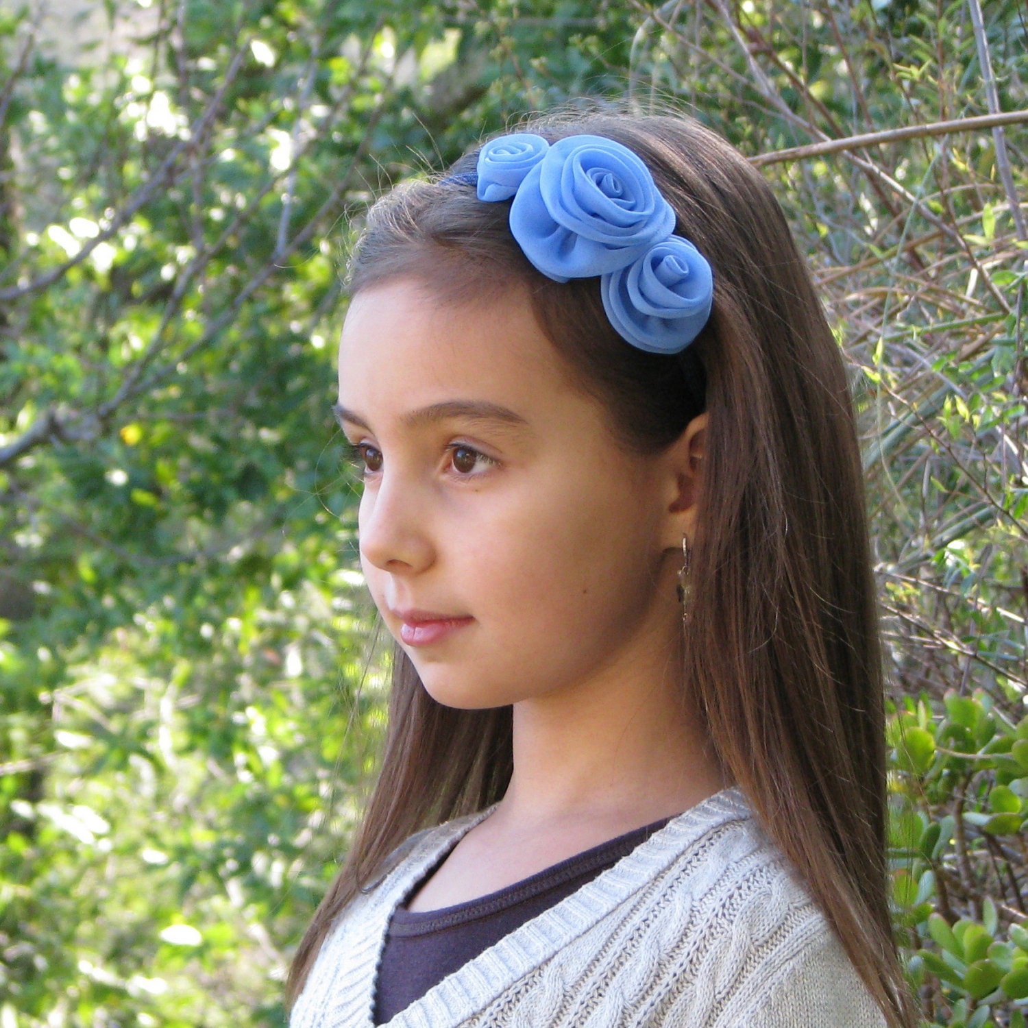 Fabric rose headband, with 3 handcrafted rosettes in cornflower blue chiffon, child size hair accessory