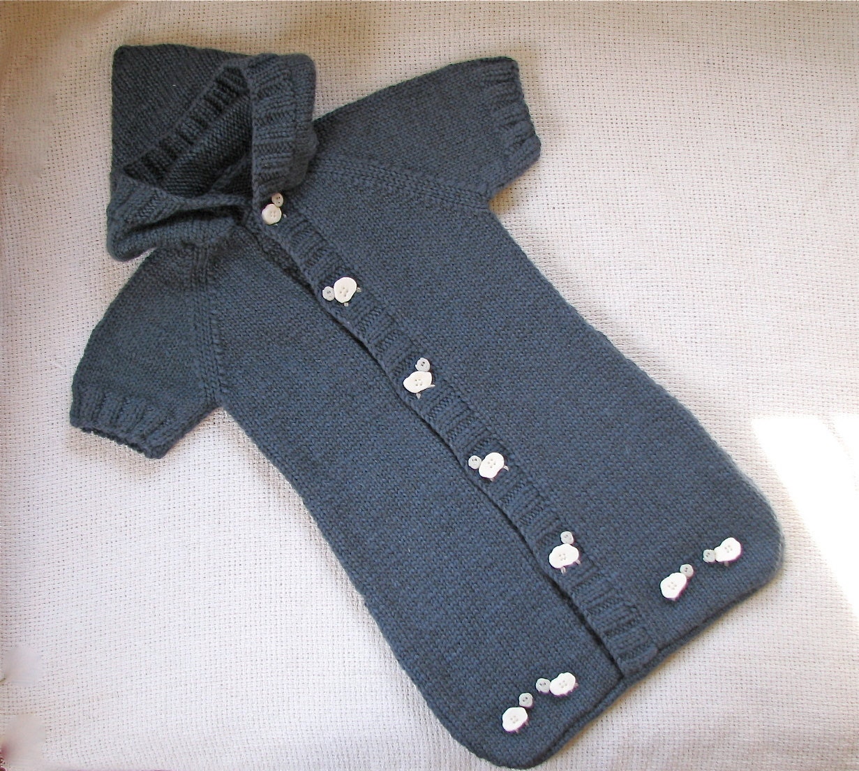 Hand Knit Sleeping Bag for Baby Boy - Extra Fine Merino Wool - Funny Sheep - 0M to 12M