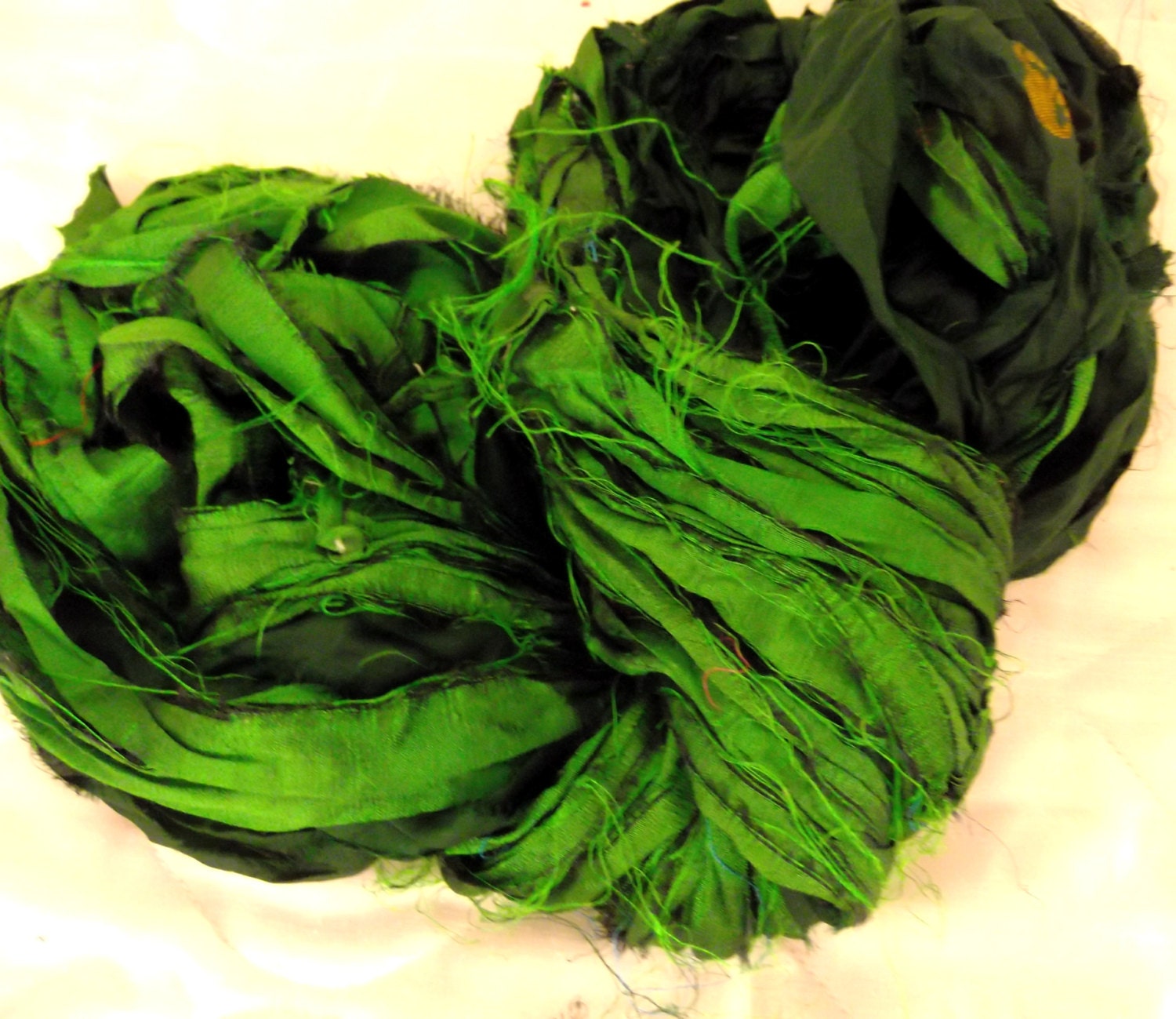 1 skein 100 grams Recycled Silk Soft  emerald bottle green ribbon