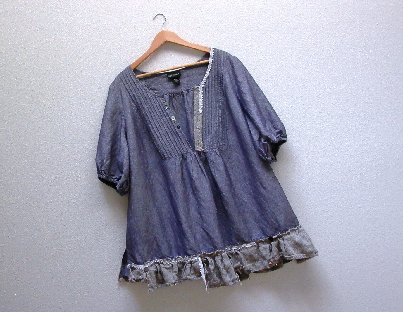 linen sky. women's plus size linen blouse 4X tattered altered eco upcycled clothing romantic bohemian lagenlook  indigo denim blue tunic top