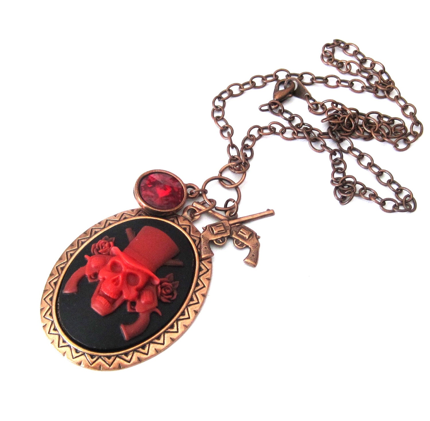 Guns and Roses pirate skull necklace with guns and Swarovski crystal red, black, copper