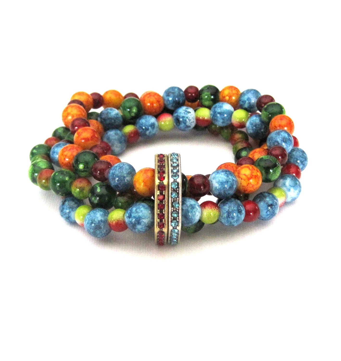 Boho Country Chic Stretch Bracelet with red and aqua rhinestones and glass beads