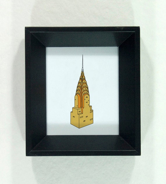Chrysler Building framed art - New York Icon illustration in mustard yellow, orange, light blue, and black of NYC landmark