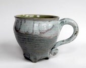 Mug- Walking Footed Mug, in Sea Green and Milky Foam- Spiral Handle, Jumbo Stoneware- Elegant