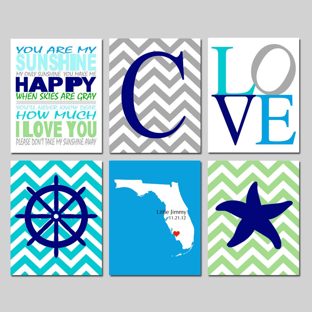 Nautical Nursery - Kids Wall Art - Set of Six 8x10 Prints - Chevron Monogram, Birth State, Starfish, You Are My Sunshine, Love, Ship's Wheel