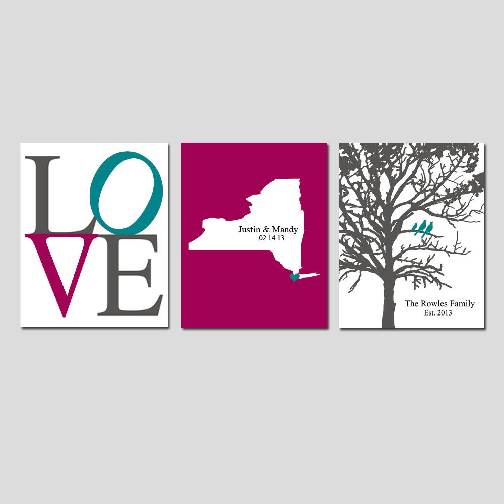 Modern Newlywed Trio - Set of Three 8x10 Customizable Prints - Love, Family Established Bird Tree, and Love Map - GREAT WEDDING GIFT