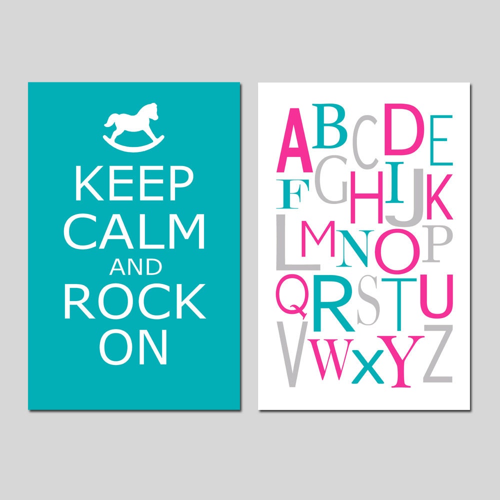 Childrens Nursery Duo - Set of Two 11x17 Prints - Keep Calm and Rock On - Modern Alphabet - Kids Wall Art - Choose Your Colors