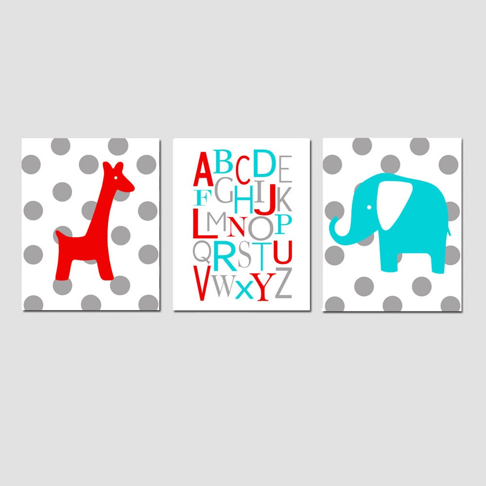 Nursery Art Trio - Set of Three 11x14 Prints - Polka Dot Giraffe, Modern Alphabet, Polka Dot Elephant - Choose Your Colors