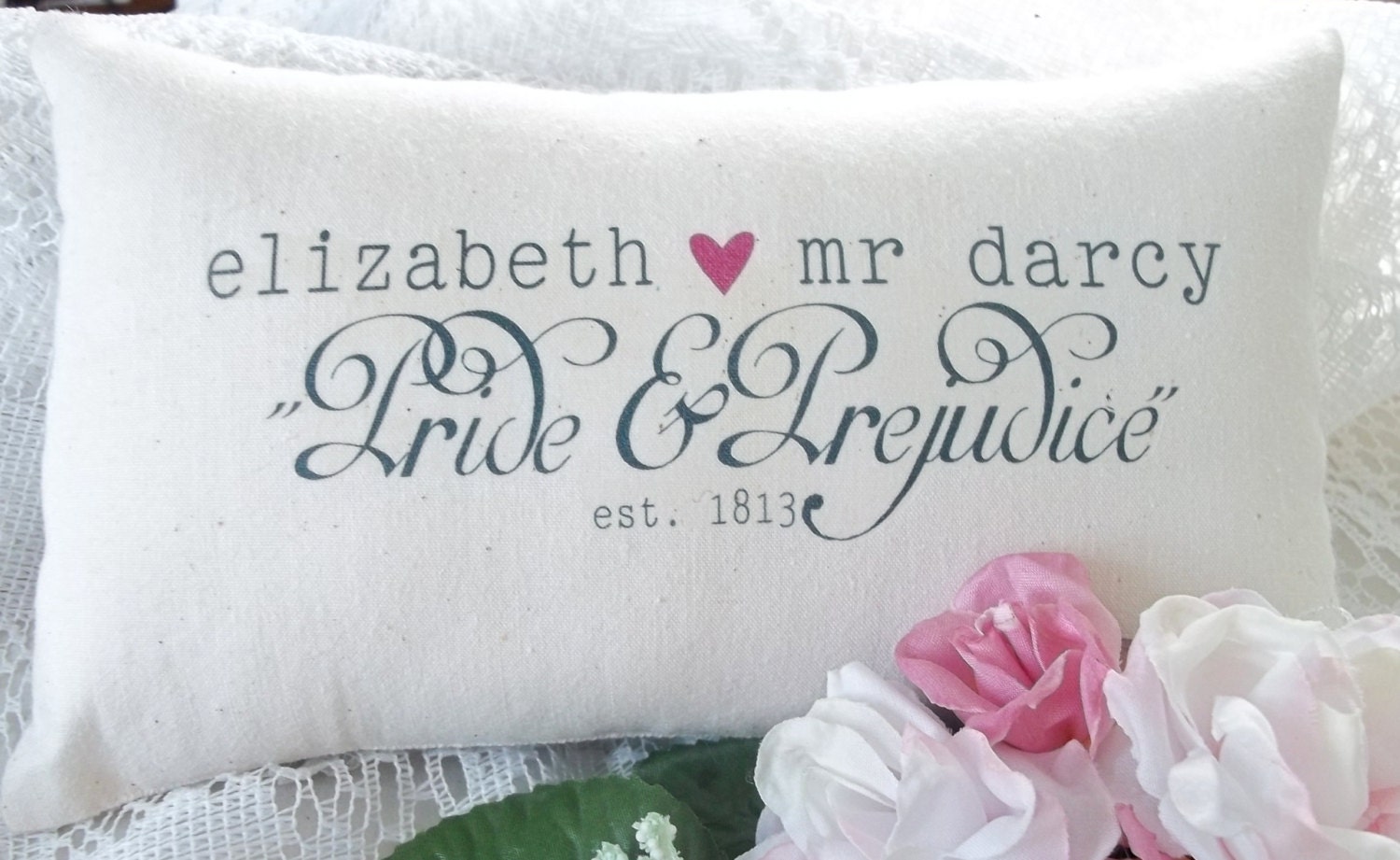 Jane Austen-Pride and Prejudice Miniature Pillow-'Lizzy and Darcy'-Black Toile
