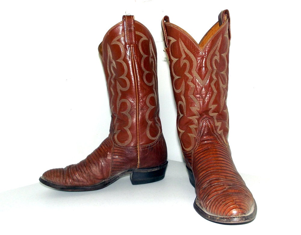 Vintage Brown leather and lizard Tony Lama brand  Cowboy Boots size 8 D or cowgirl size  9.5 wide