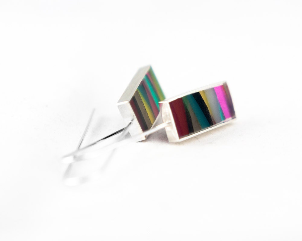 Wave Earrings - sterling silver with multicolored resin