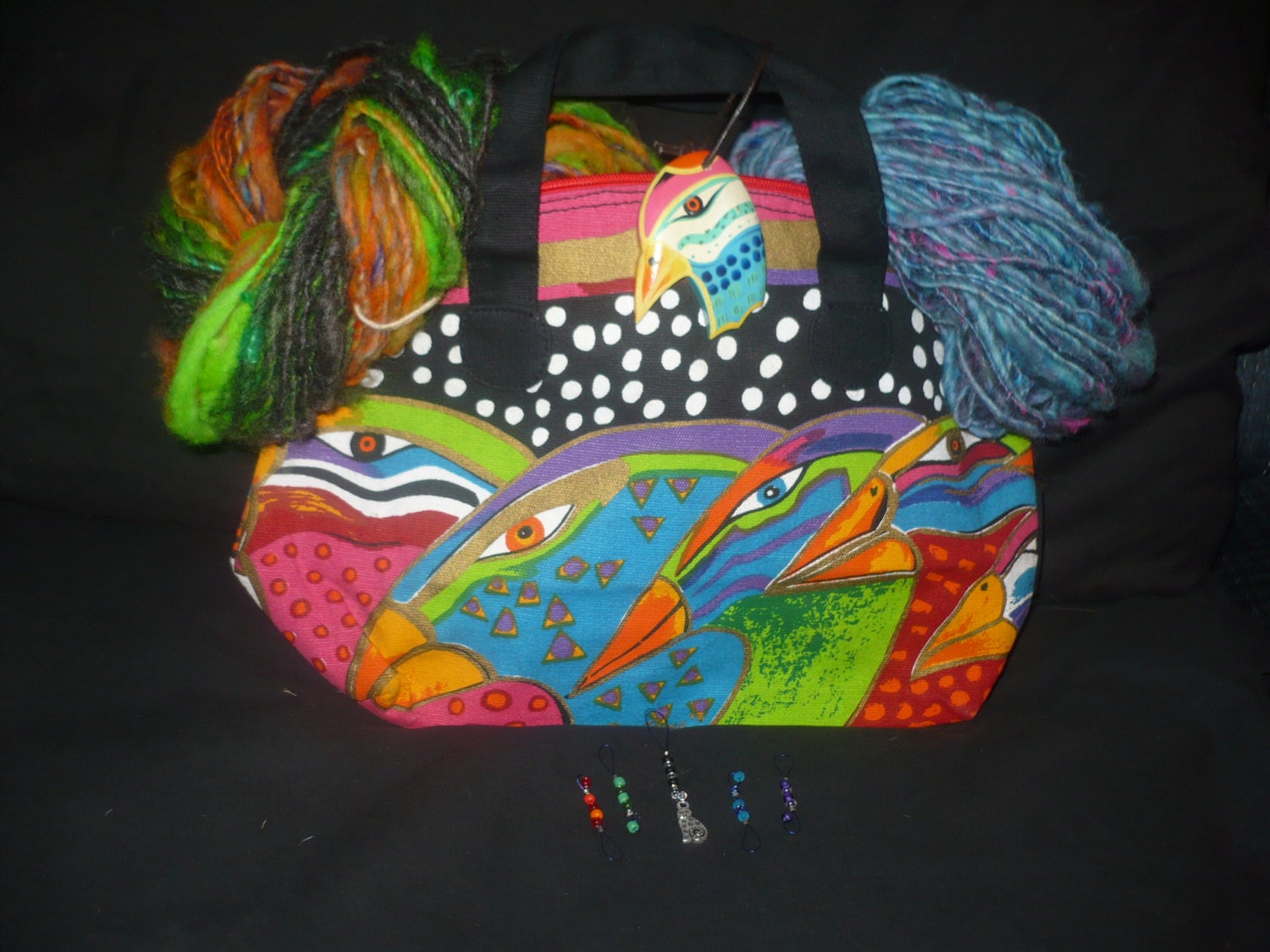 Knitting Gift Laurel Burch Bag-Matching Mug-Stitch markers -My hat pattern with 2 skeins of Noro inspired Handspun yarn