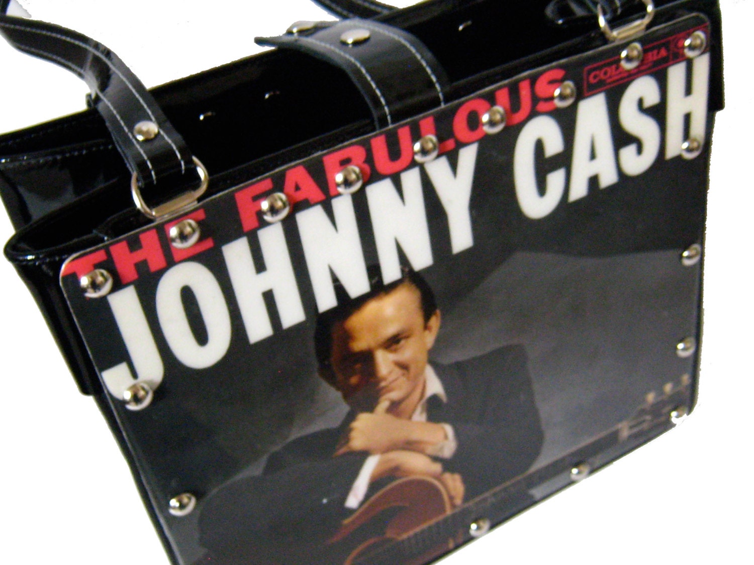 Leather Handbag featuring Johnny Cash record glass-like resin finish and patent leather