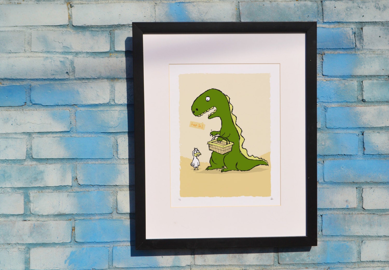 11x14, Hop In - Dino and Chicken print