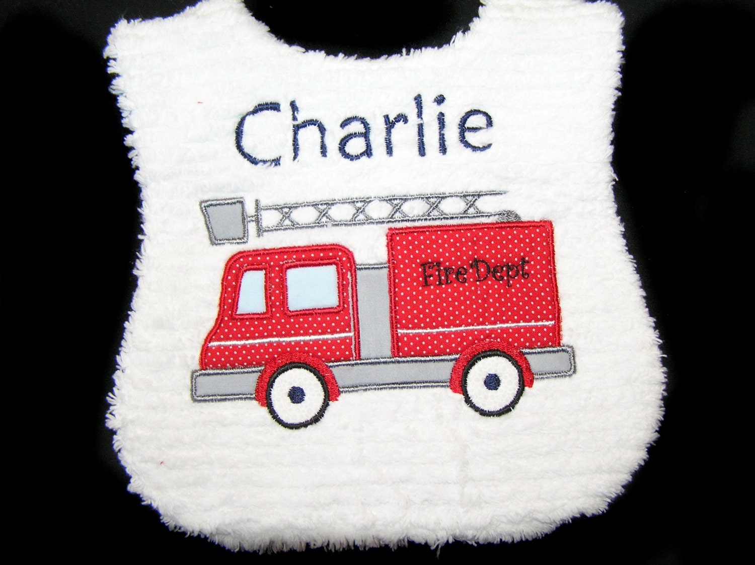 Appliqued Baby Bib - White Chenille - Reversible - Firetruck