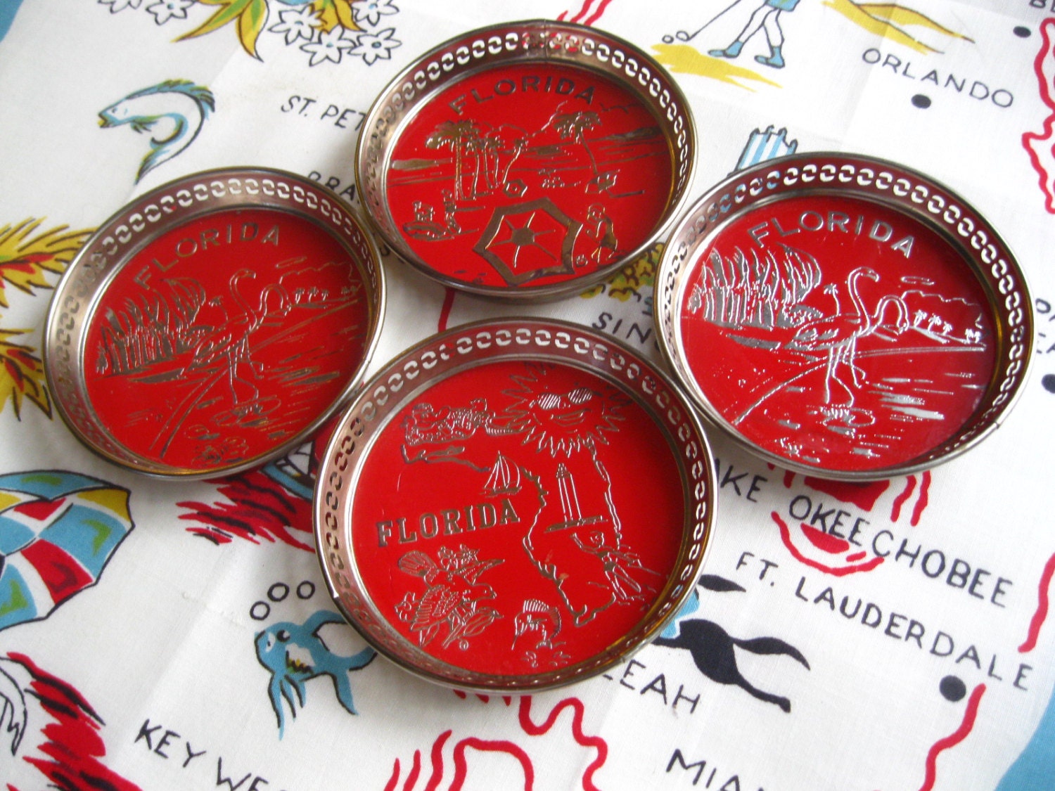 Vintage 1950s Florida souvenir metal drink coasters - set of 4 -  flamingos and palm trees