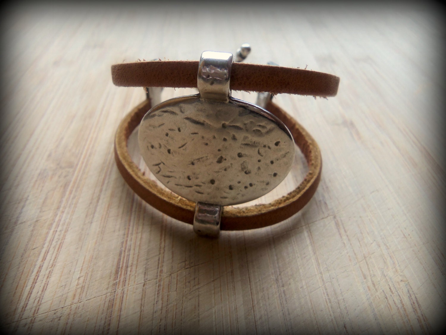 Tribal Unique Hammered Round Pendant Bracelet with Tan Leather