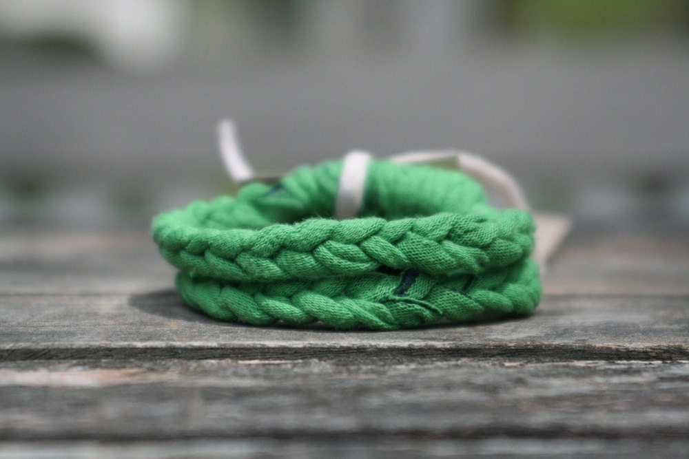 all tangled up crocheted bracelet in emerald green with two strands by yourmomdesigns (rts) made from upcycled t shirt yarn
