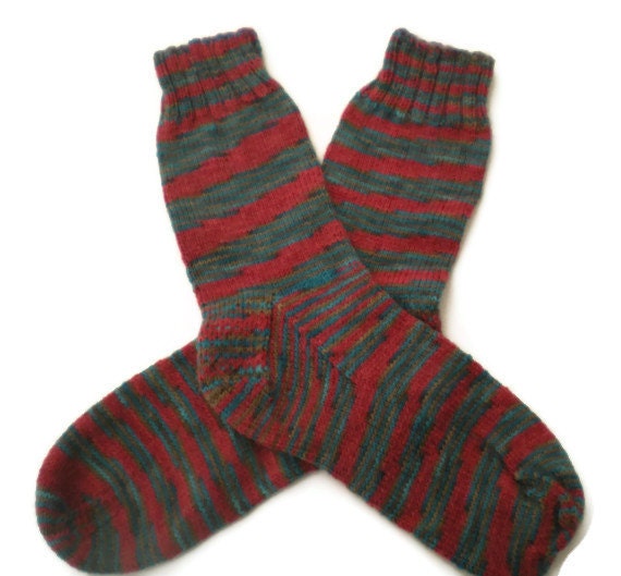 Socks - Hand Knit Men's Red, Brown and Blue Striped Socks