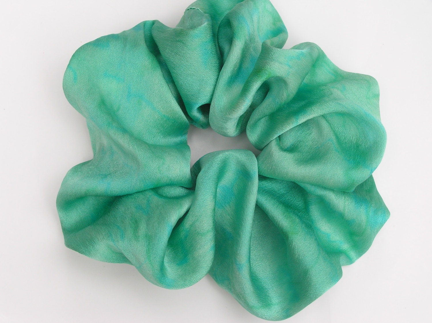 SILK Scrunchie, hand dyed, soft for hair, ponytail, silk, pastel emerald green, turquoise, emerald green, one of a kind original