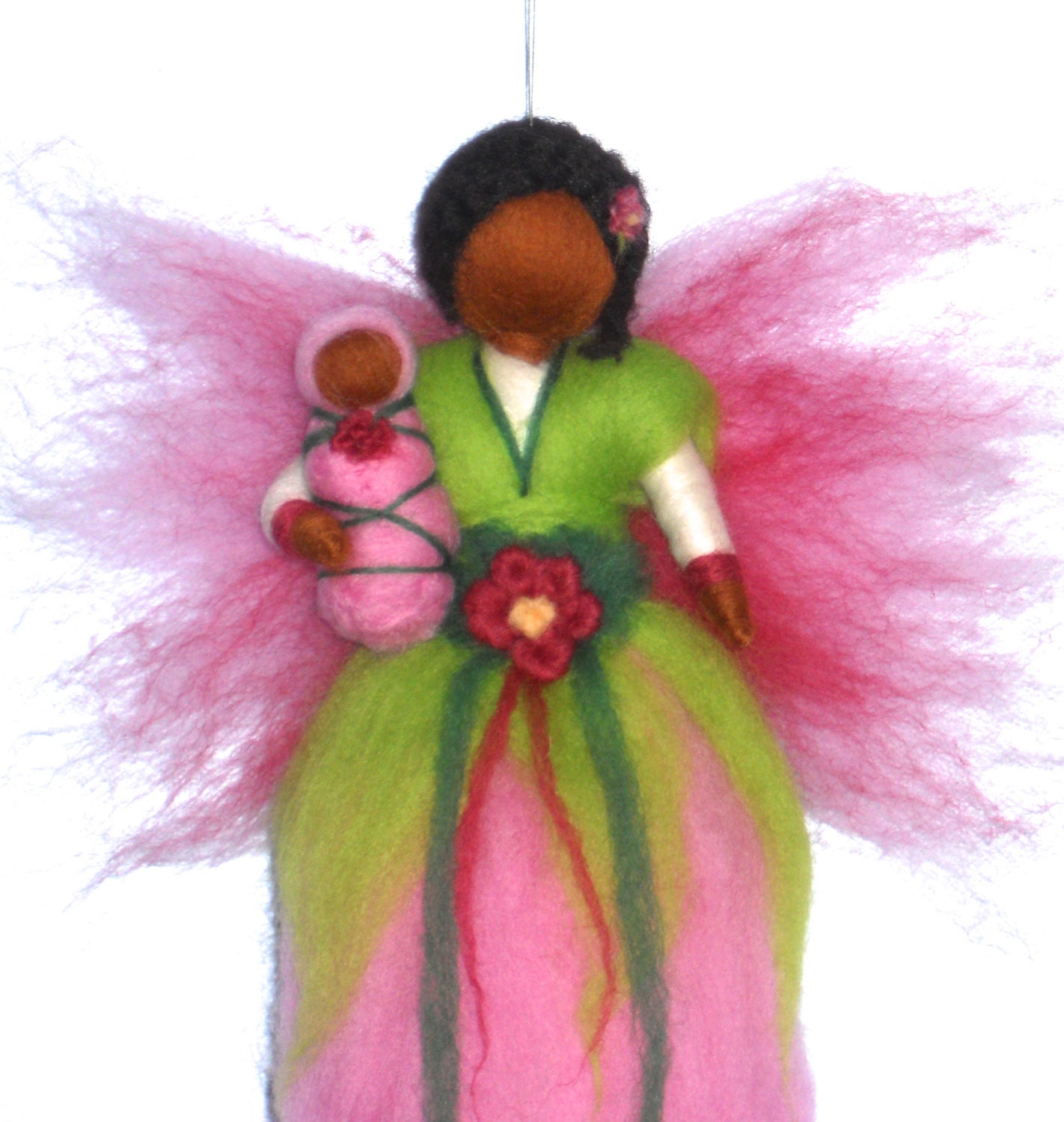 Pink Blossom Faerie, Summer or Spring Flower Fairy, African American, Waldorf doll, Angel, Blessing, Magic Wool, needle felted