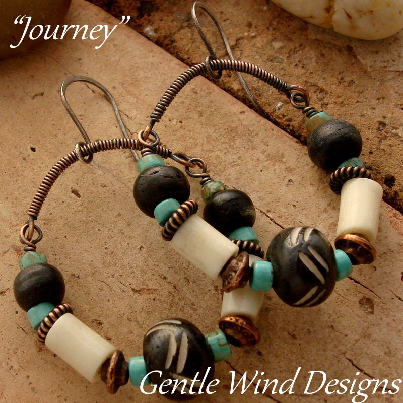 JOURNEY - Handmade Antiqued Copper Hoops, Turquoise Beads, African Bone Beads