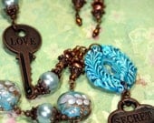 To Open the Secret Keyhole all you Need is Love Bold Necklace Lampwork Beads 2 Keys 1 Lock Long Opera Length Blue Pearl MATCHING Earrings