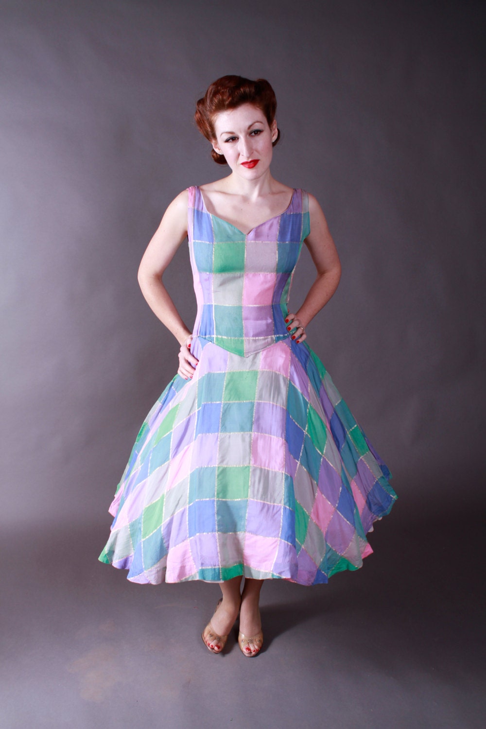 Vintage 1950s Dress - Spring Pastels Chiffon Garden Party Summer Dress