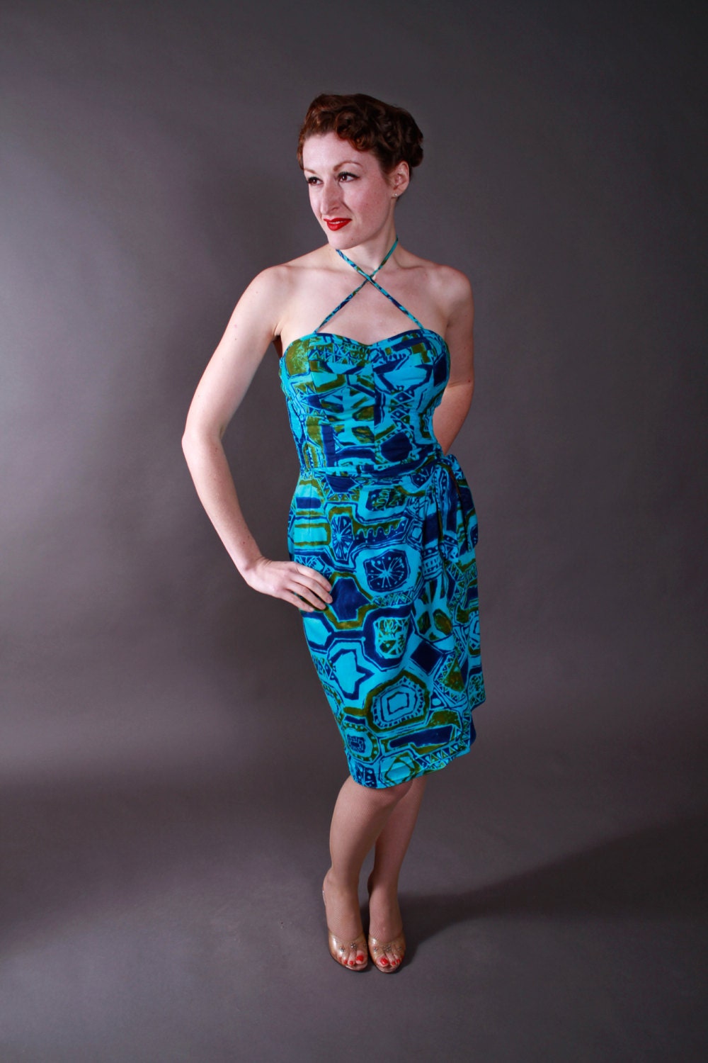 Vintage 1960s Dress - Early 60s Tiki de Mayo KAMEHAMEHA Bombshell Hawaiian Halter Sarong Sundress