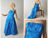 Vintage 1950s Party Dress - Rose Brocade Formal Gown in Brilliant Blue