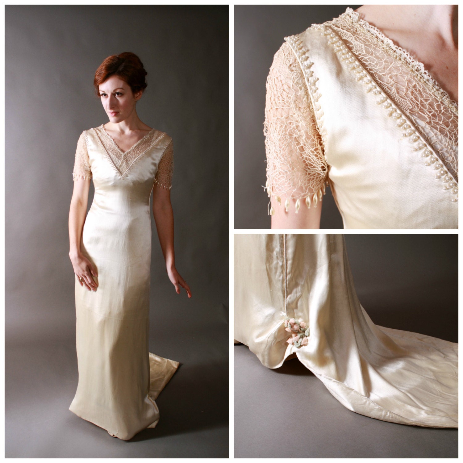 Vintage Edwardian Wedding Dress -c. 1913 Titanic Era Luxurious Silk Wedding Gown with Lace and Beads