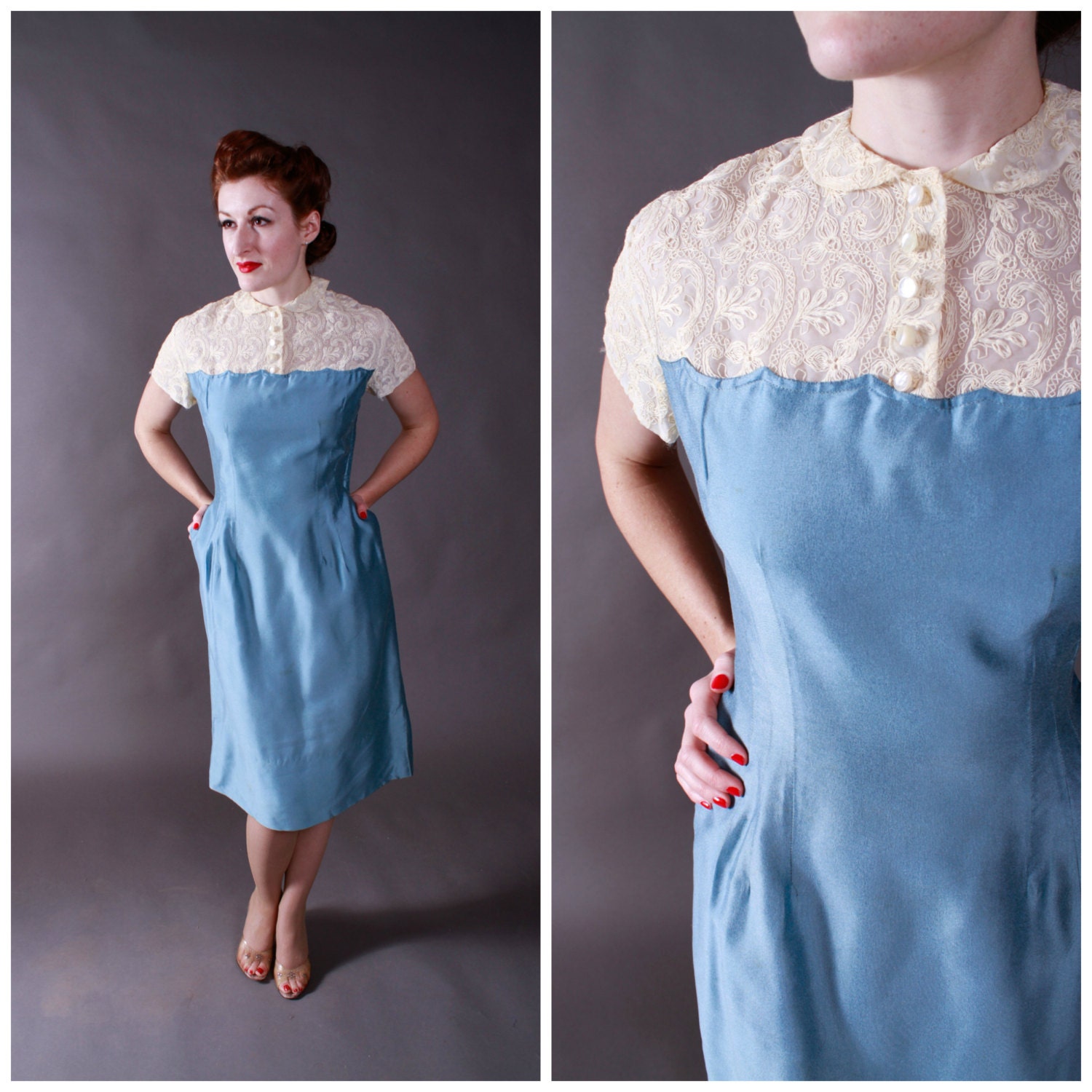 Vintage 1950s Dress - Saucy 50s Minx Modes Wiggle Dress of Worsted Silk and Lace