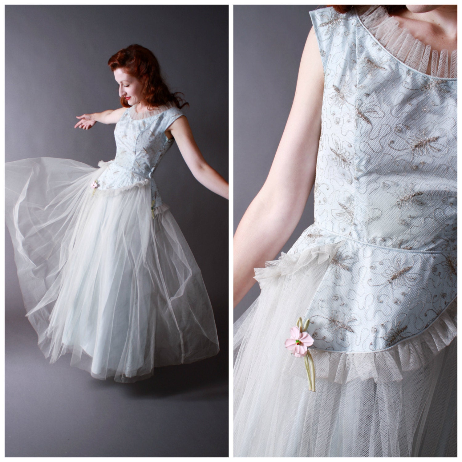 Vintage 1950s Party Dress - Pale Blue Gown with Silver Embroidered Butterflies by Lorrie Deb