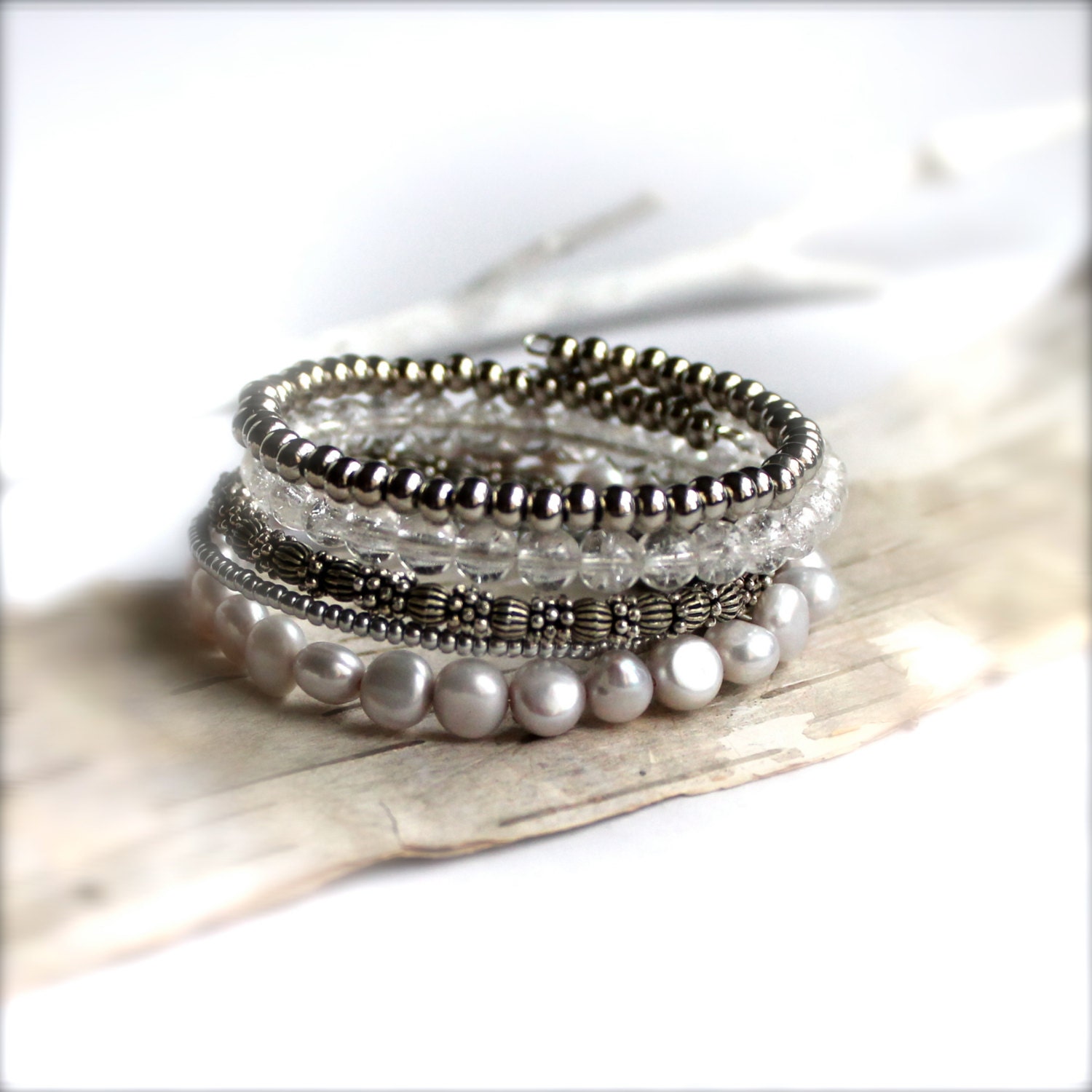 Beaded Wrap Bracelet Set - Neutrals, White, Silver, Grey, Pearls, Quartz, Glass, Arm Party Jewellery