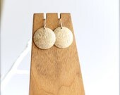 White Patina Earrings - Floral Scroll Pattern Brass Round Disk Circle Small Short Dangle