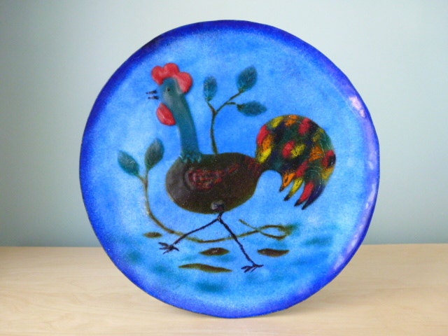 Large Vintage Enamel on Copper Rooster Plate