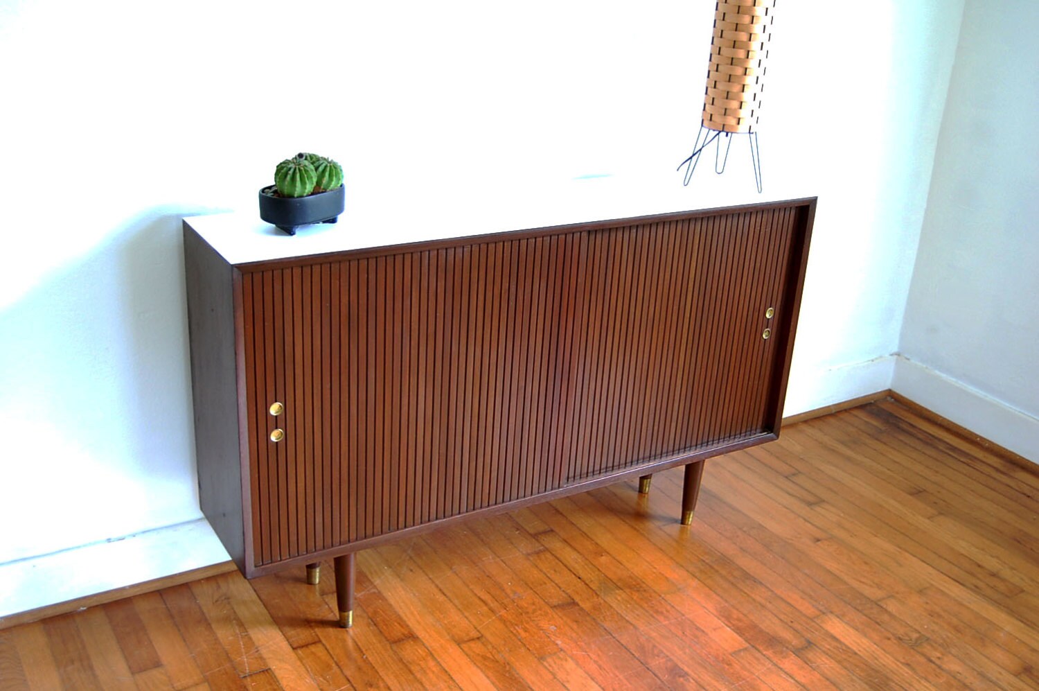 Vintage Mid Century Modern Cabinet Bookshelf with White Laminate Top