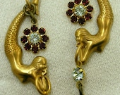 MERMAID Nude Sea Nymphs RUBY Red Rhinestone Flowers Navettes Pierced Earrings Miss-art OOAK