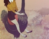 Black Ostrich Ride glossy postcard print