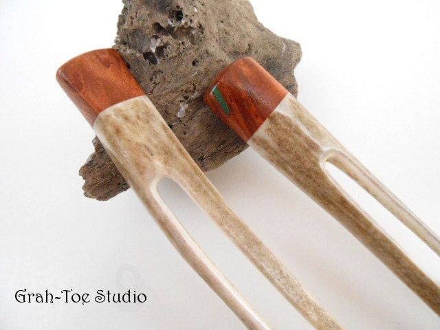 Antler Hair Forks Red Wood Burl and Malachite Wood Cap Grahtoe Handmade