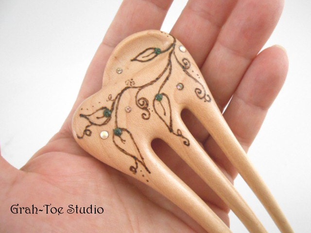 Hair Fork, hair accessory, Hair Stick Maple Wood,Dune Spring Leaves Mini Hairfork Crystals Grahtoe, Handmade