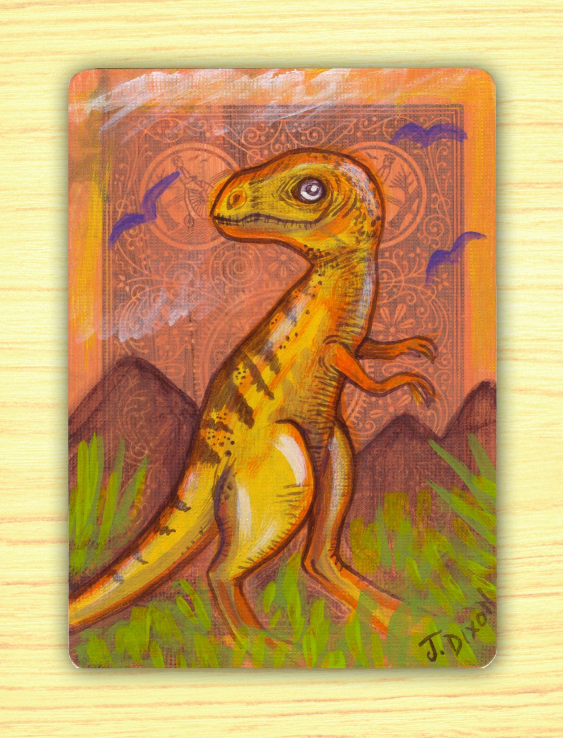 T Rex Dinosaur Original Miniature Painting on a Playing Card