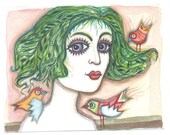 Original Watercolor Painting -Green Hair - painted Portrait- illustration - birds - wall decor - home decor -green - garden - woodland