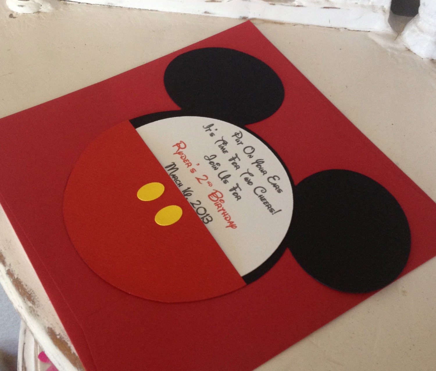 Handmade Custom Red Mickey Mouse Birthday Invitations- Set of 10 with Yellow Buttons