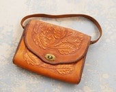 vintage 50s Purse - Brown Tooled Leather Western Handbag