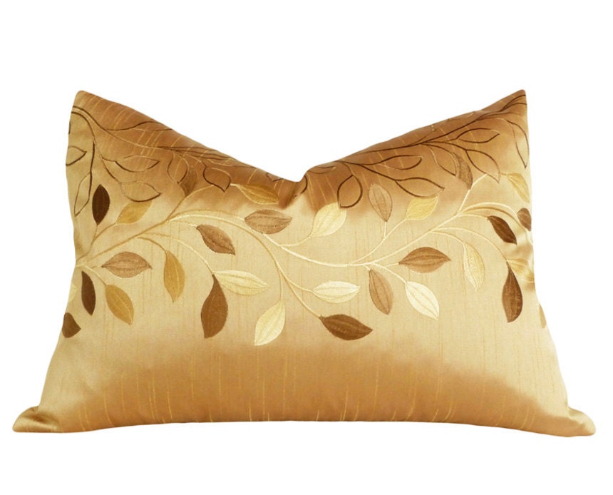 Contemporary Gold Leaf Pillow, Luxury, Embroidered Satin Decorative Throw Pillow, Sofa Accent Cushion Covers, Lumbar, NEW Spring Decor 14x20